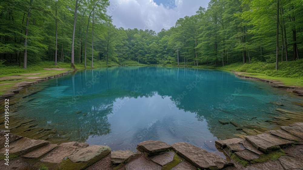Poster a pond in the middle of a forest surrounded by rocks and a forest with lots of trees on both sides o