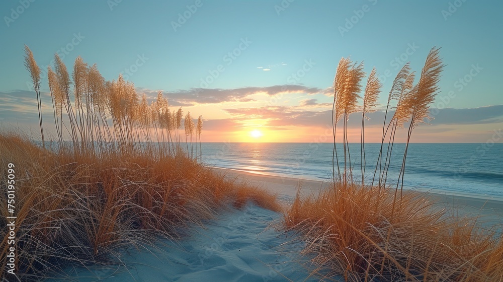 Poster the sun is setting on the beach with tall grass in the foreground and a sandy path leading to the be