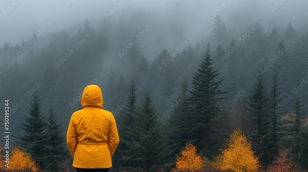 Poster a person in a yellow raincoat standing in front of a forest with trees in the background and fog han