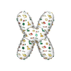 3D inflated balloon letter X with multicolored matte white textured dinosaurus design for children