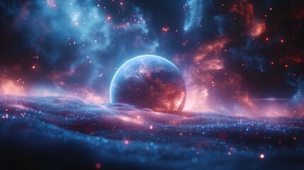 Planet lying on the waves from chatitz. Fantastic space sky with beautiful stars and galaxies, 3D illustration. - obrazy, fototapety, plakaty