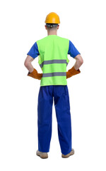 Young man wearing safety equipment on white background, back view