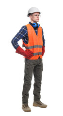 Young man wearing safety equipment on white background