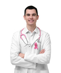Portrait of smiling mammologist with pink ribbon and stethoscope on white background. Breast cancer awareness