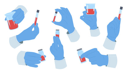 Hand of doctor in medical glove holding blood test tube set. Laboratory examination of blood sample for allergy, malaria or hepatitis, genetic analysis in glass vials cartoon vector illustration