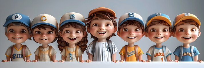 A 3D animated cartoon render of cheerful kids in baseball uniforms ready to play.