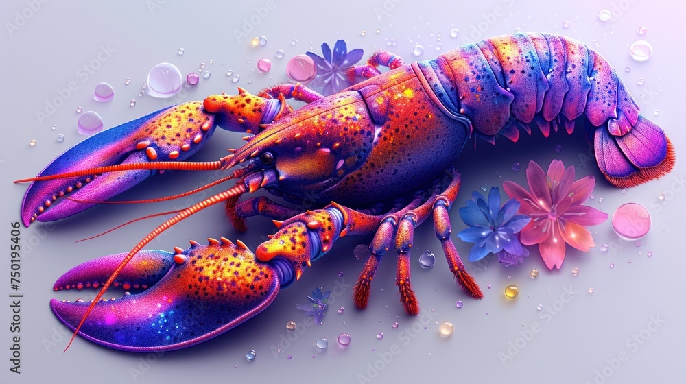 Poster a close up of a colorful lobster on a white surface with flowers and water droplets on the bottom of