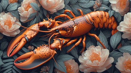  a lobster laying on top of a bed of flowers next to a large orange lobster on top of a lush green leafy field of leaves and flower covered ground.