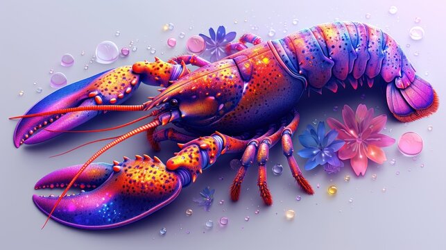  a close up of a colorful lobster on a white surface with flowers and water droplets on the bottom of the image and on the bottom of the image is a purple background.