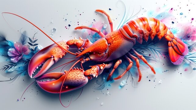  a painting of a lobster on a white background with blue and pink flowers on the left side of the image and a red lobster on the right side of the image.