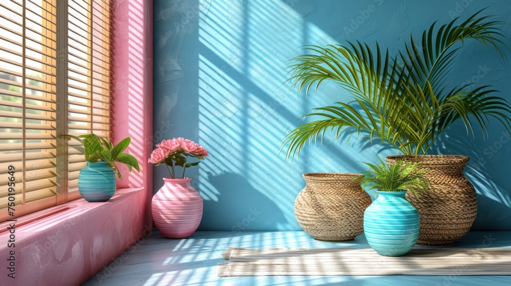 Aufkleber a group of three vases sitting next to each other on a window sill with a plant in one of them and a