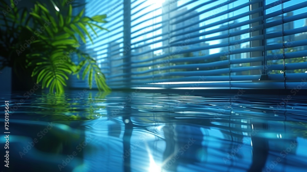Poster a pool with a plant in it next to a window with blinds on the side of it and a potted plant on the s