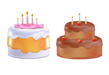 Birthday cakes set vector design. 3D realistic cake isolated. Birthday cake collection with colorful and yummy flavor. Vector illustration party elements collection.