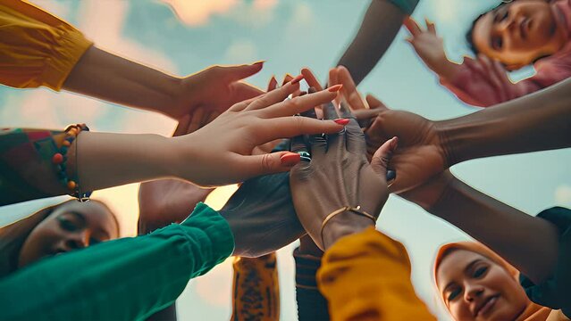 A diverse group of individuals coming together to form a circle and interlock their hands as a symbol of unity and teamwork