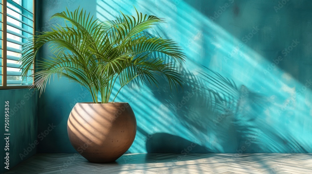 Poster a potted plant sitting in front of a window with a shadow of a palm tree on the wall and a window si