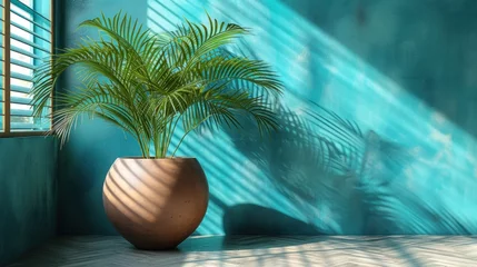 Foto op Canvas  a potted plant sitting in front of a window with a shadow of a palm tree on the wall and a window sill in front of a blue wall. © Nadia