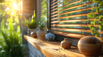  a row of vases sitting on top of a wooden shelf in front of a window covered in sun shining through the shades of the window panes of the window.
