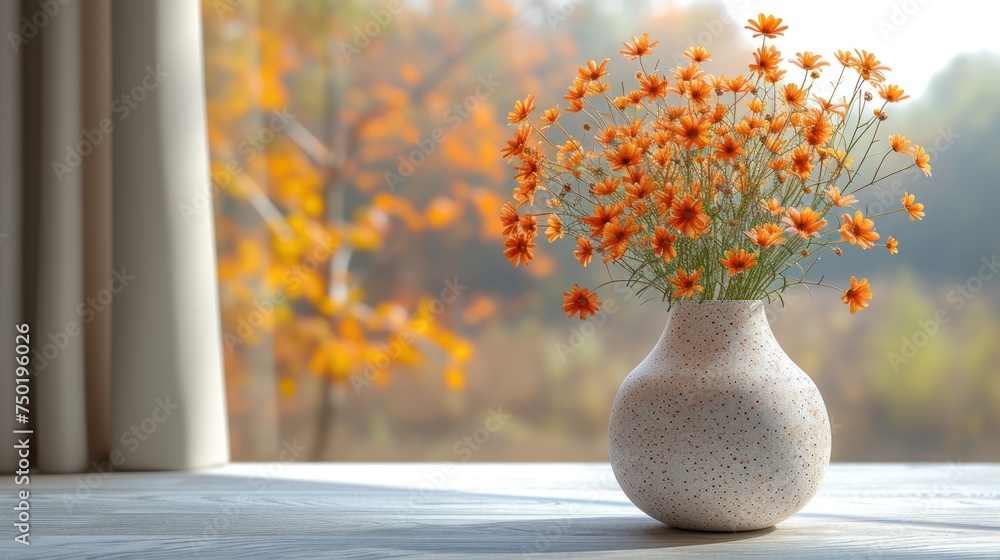 Aufkleber a vase filled with orange flowers sitting on a table next to a window with a view of the outside of 