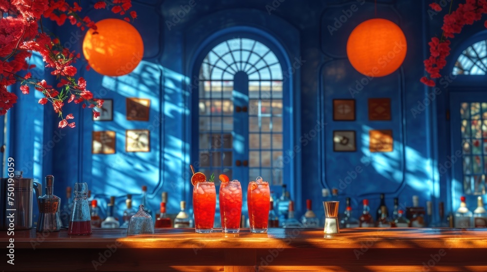 Poster a group of drinks sitting on top of a table next to a vase filled with flowers and a vase filled wit