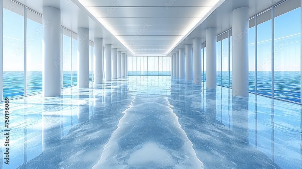 Poster a very long hallway with a view of the ocean through the windows of a building that has a long row o