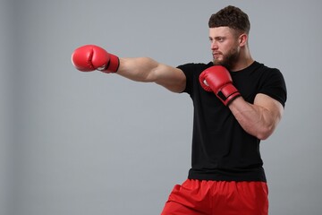 Man in boxing gloves fighting on grey background. Space for text