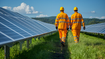 Electrician with engineer checking at solar power station,Solar energy panels,Renewable energy friendly management systems concept.