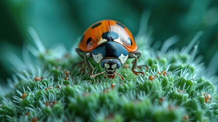  a ladybug sitting on top of a green plant covered in lots of tiny white and black dots on it's back legs, with a black spot on it's head.