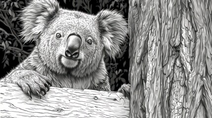 Naklejka premium a black and white drawing of a koala peeking out from behind a tree trunk with a sign in front of it that says koala on a black and white background.