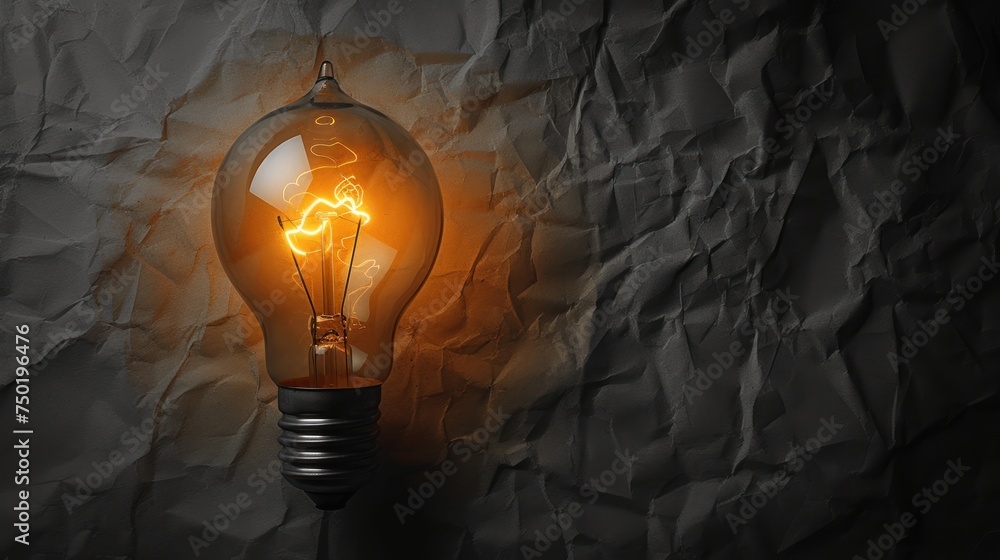 Poster a light bulb with a glowing light inside of it on a piece of crumpled paper with a black background 