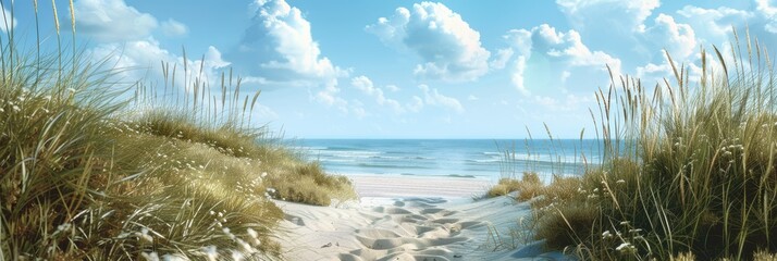 Boardwalk through serene beach dunes - Beautiful beach landscape with a wooden boardwalk winding through serene dunes, leading to the sea