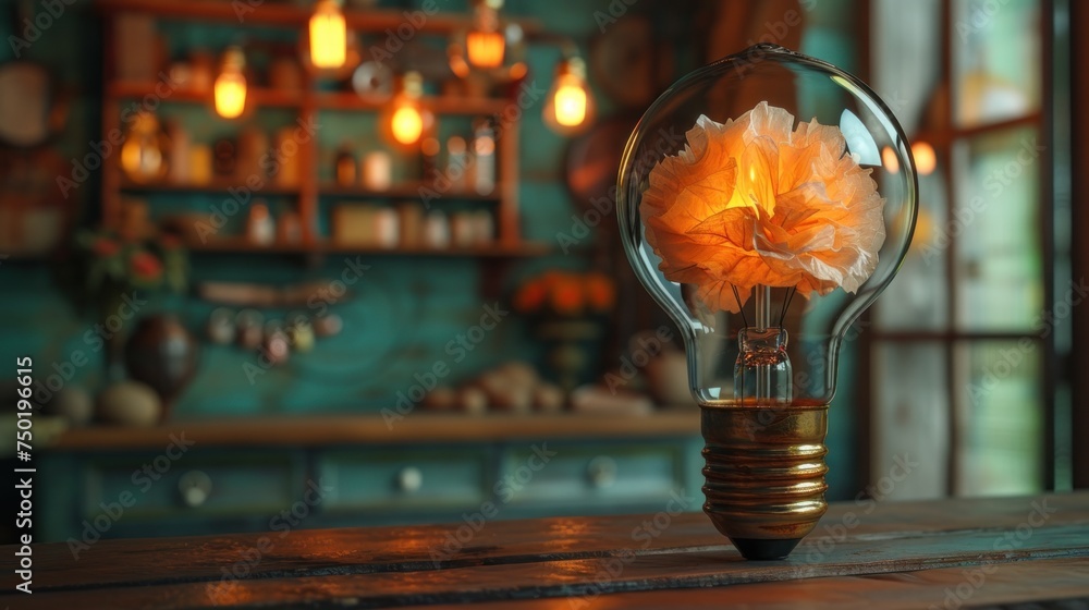 Poster a light bulb with a flower inside of it sitting on a table in front of a wall with hanging lights an