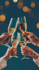 Elegant champagne toast with sparkling bubbles - Six hands clinking flutes of champagne against a backdrop of twinkling bokeh lights, symbolizing celebration - obrazy, fototapety, plakaty
