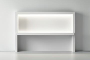 Fototapeta premium Empty white illuminated niche shelf on a blank wall - An empty niche shelf lit from within, casting a soft glow on a plain wall, evoking cleanliness and potential for display