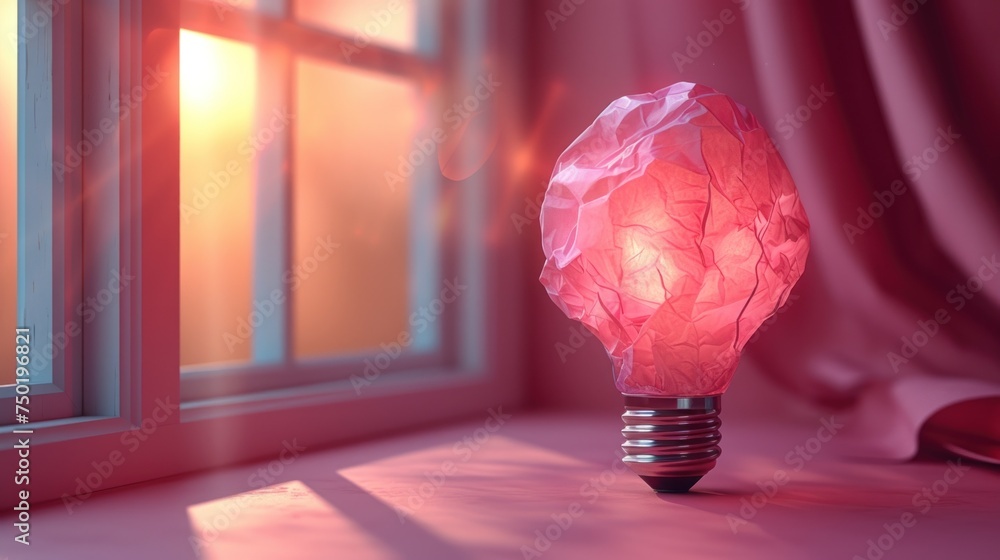 Poster a pink light bulb sitting on top of a window sill next to a window sill with a red curtain and a red