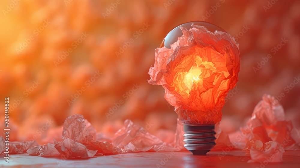 Poster a close up of a light bulb with a lot of crumpled paper on the ground in front of a backdrop of oran