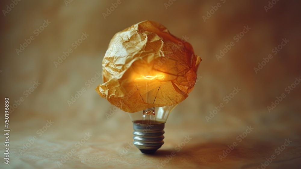 Poster a light bulb with a crumpled light bulb in the shape of a human head on top of a sheet of paper on t
