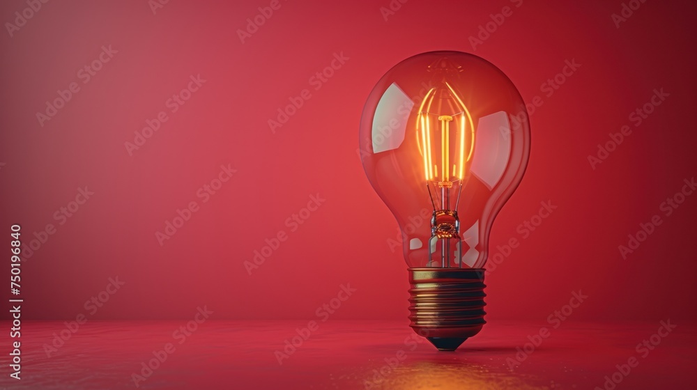 Poster a light bulb on a red background with a reflection of a light bulb on the bottom of the bulb and a r