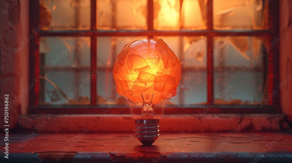 Poster a light bulb sitting on a window sill in front of a window with a broken glass window pane and a bro