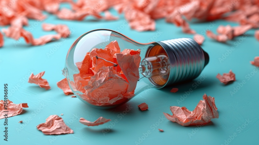 Poster a light bulb filled with crumpled paper on top of a blue surface with a light bulb in the middle of 