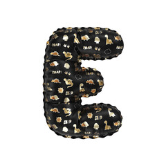 3D inflated balloon letter E with glossy black & gold/silver glossy textured dinosaurus design for children
