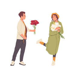 Handsome man giving flower and happy woman holding floral bunch people cartoon characters