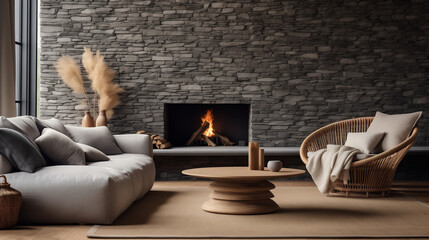 Contemporary Living Room with Modern Fireplace and Stylish Curved Chair