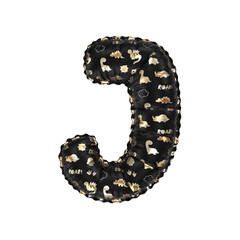 3D inflated balloon letter J with glossy black & gold/silver glossy textured dinosaurus design for children