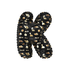 3D inflated balloon letter K with glossy black & gold/silver glossy textured dinosaurus design for children
