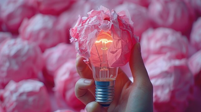  a person holding a light bulb with a crumpled lightbulb in the middle of a room full of balls of pink tissue paper in the shape of a light bulb.