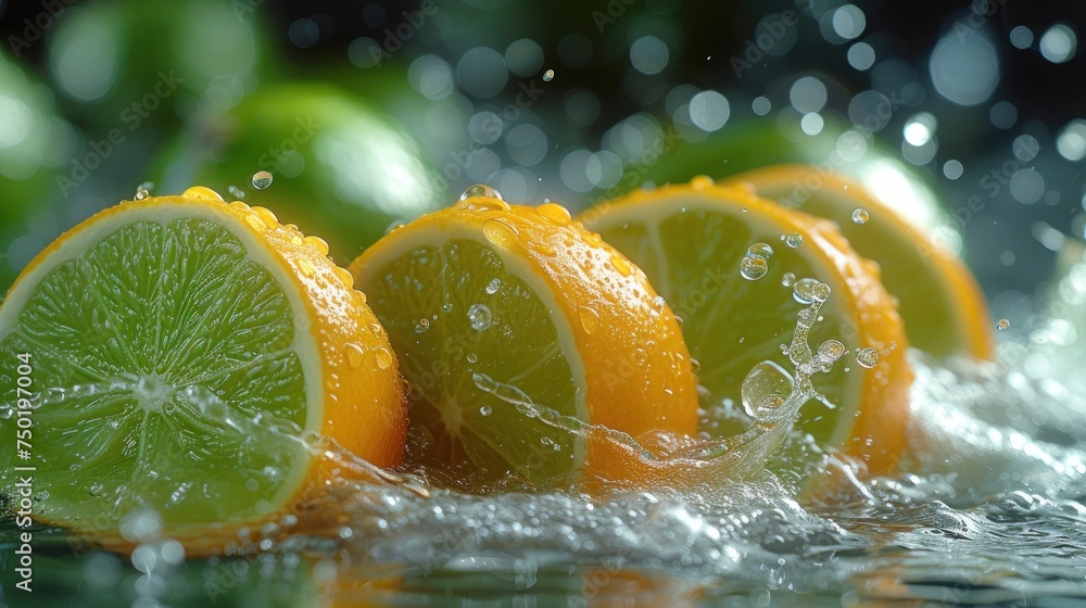 Aufkleber a group of limes sitting on top of a table next to a pile of lemons with water splashing on them and