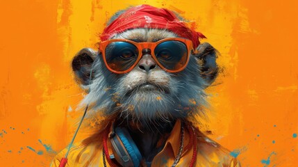  a monkey wearing headphones and sunglasses with a red bandanna around its neck and a red bandanna around its neck and a pair of headphones in front of its eyes. - obrazy, fototapety, plakaty