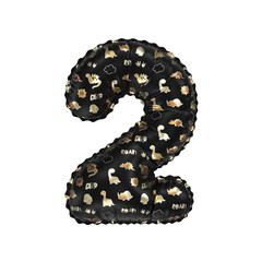 3D inflated balloon Number 2 with glossy black & gold/silver glossy textured dinosaurus design for children