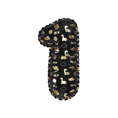 3D inflated balloon Number 1 with glossy black & gold/silver glossy textured dinosaurus design for children