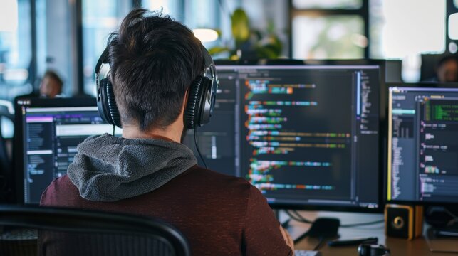 Focused male programmer using headphones while writing code on multiple computer screens in a contemporary office setting.